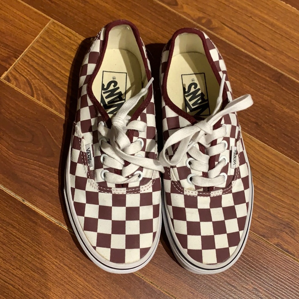Maroon and White Checkered Vans